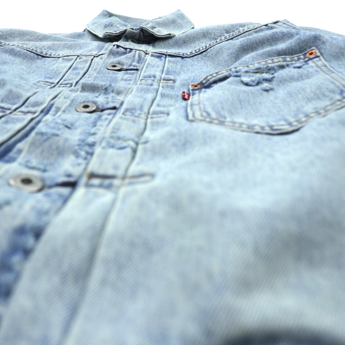 Levi's 1st Type War Model Big E Denim Jacket Gジャン S Big Size Cinch Back TYPE 1 A3174-0006 LIGHT WASH Distressed Double Pleat Relaxed Fit Leather Patch