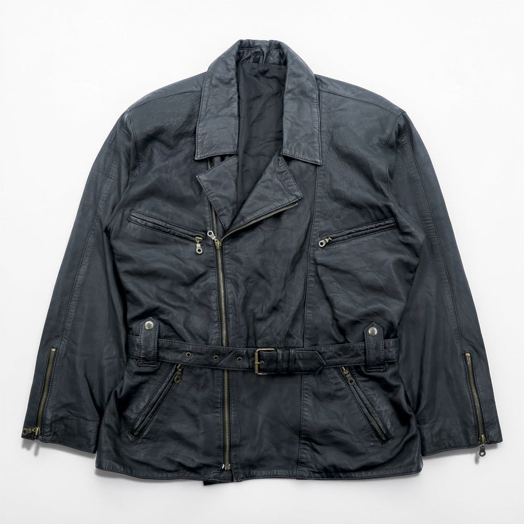 MADDOX 90s Euro Vintage Nappa Leather Long Double Rider's Jacket XL Black Coat Waist Belt