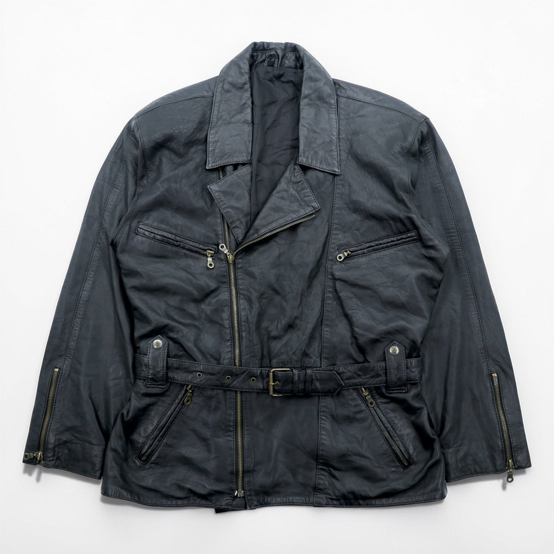 MADDOX 90s Euro Vintage Nappa Leather Long Double Rider's Jacket XL Black Coat Waist Belt
