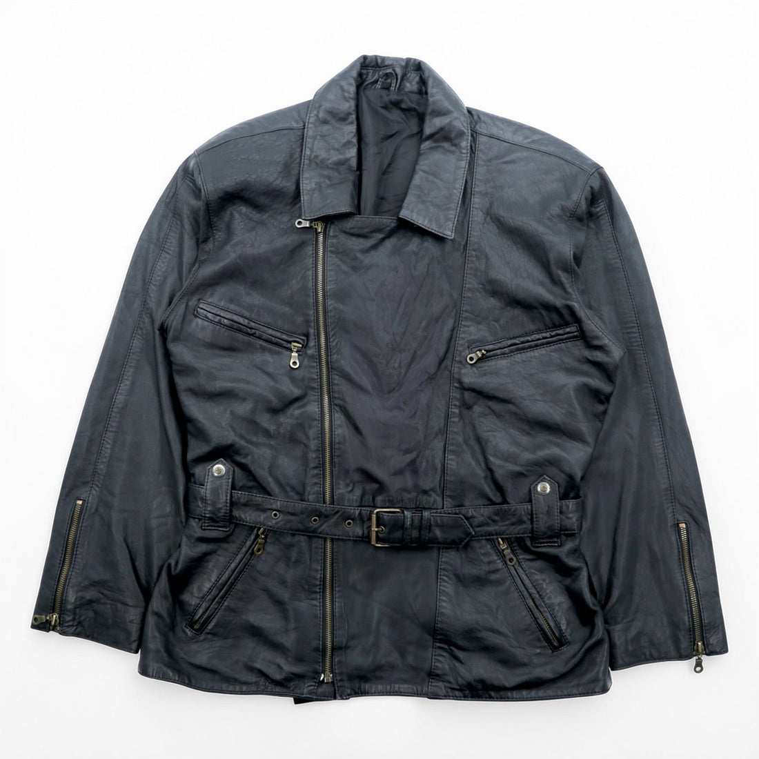 MADDOX 90s Euro Vintage Nappa Leather Long Double Rider's Jacket XL Black Coat Waist Belt