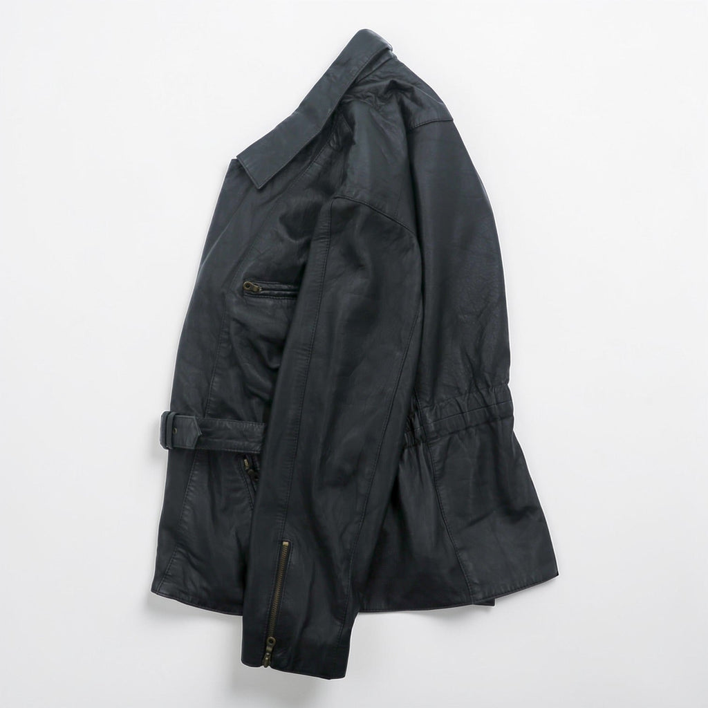 MADDOX 90s Euro Vintage Nappa Leather Long Double Rider's Jacket XL Black Coat Waist Belt