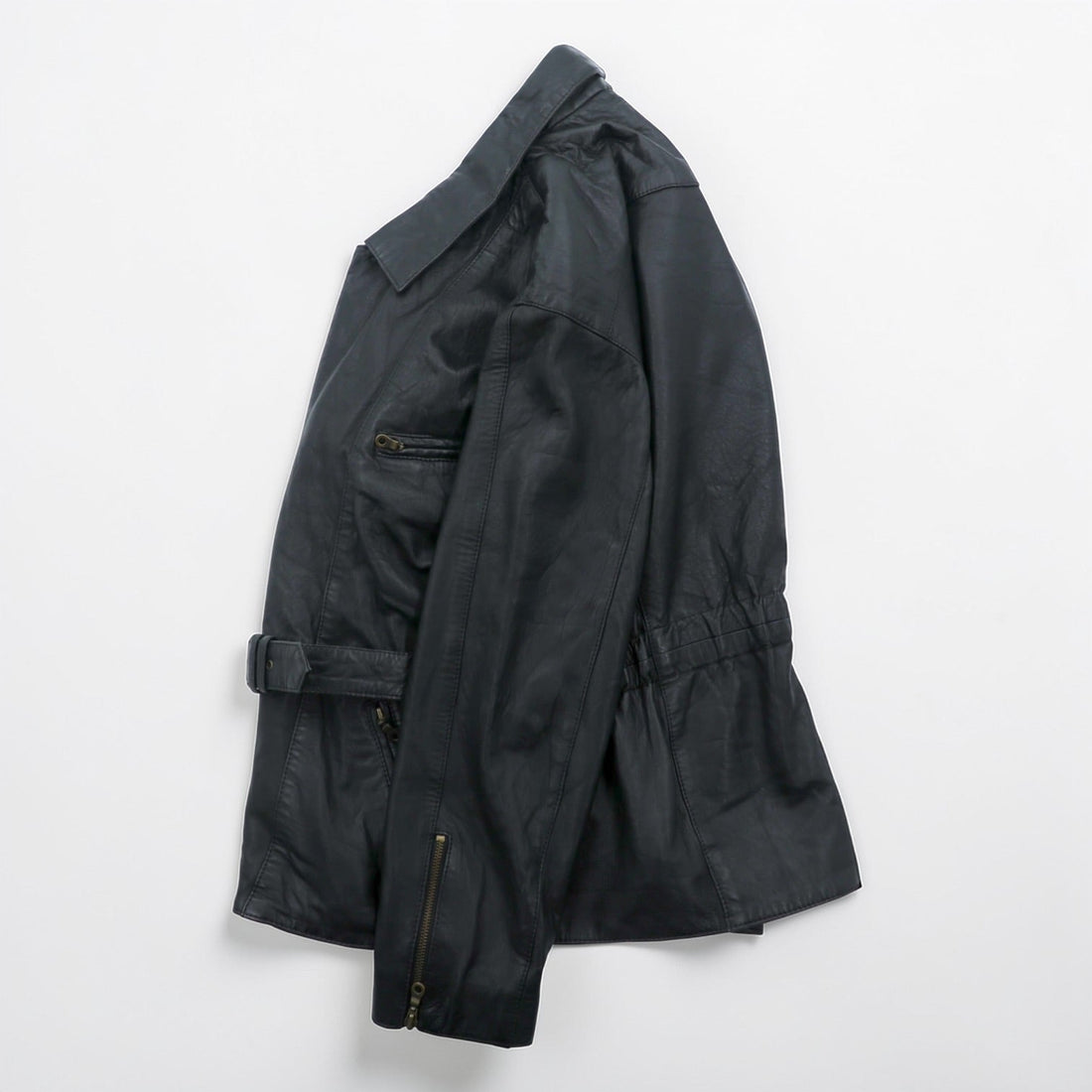 MADDOX 90s Euro Vintage Nappa Leather Long Double Rider's Jacket XL Black Coat Waist Belt