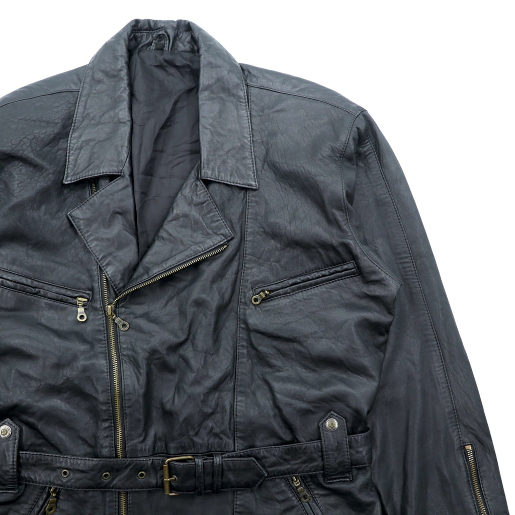 MADDOX 90s Euro Vintage Nappa Leather Long Double Rider's Jacket XL Black Coat Waist Belt