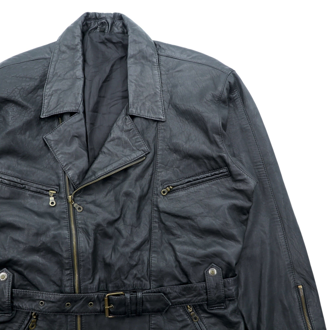 MADDOX 90s Euro Vintage Nappa Leather Long Double Rider's Jacket XL Black Coat Waist Belt