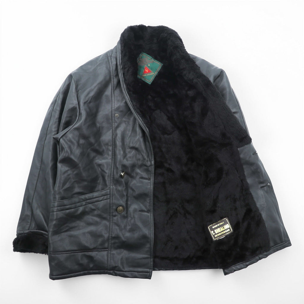 Vintage T. SHEALING Made in Italy Shearling Mouton Jacket Black Mens Coat 90s