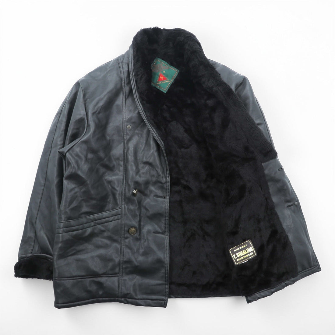 Vintage T. SHEALING Made in Italy Shearling Mouton Jacket Black Mens Coat 90s