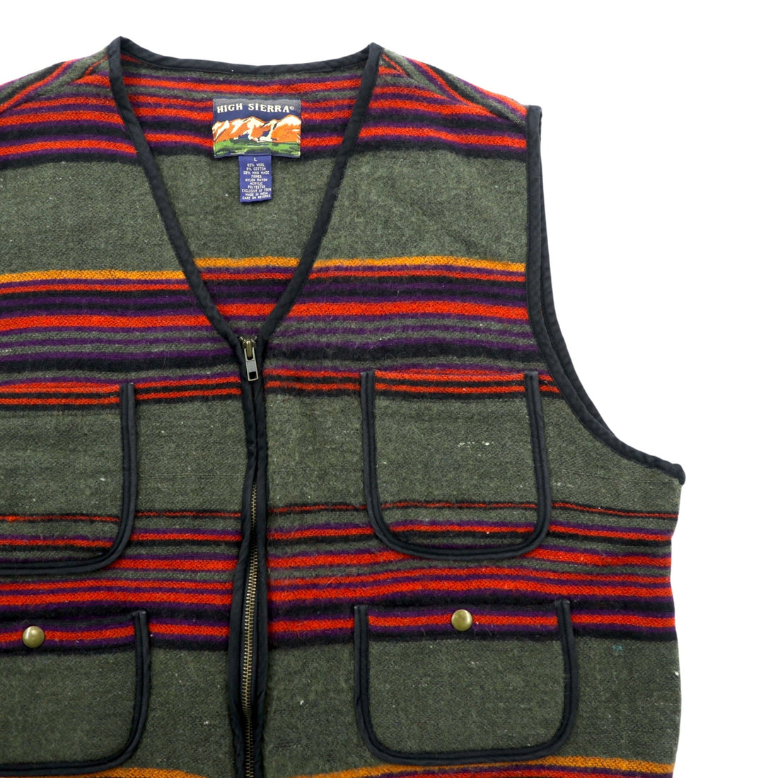HIGH SIERRA 90s Vintage Tweed Zip-Up Vest L Striped Multi-Color Wool Outdoor 4 Pockets
