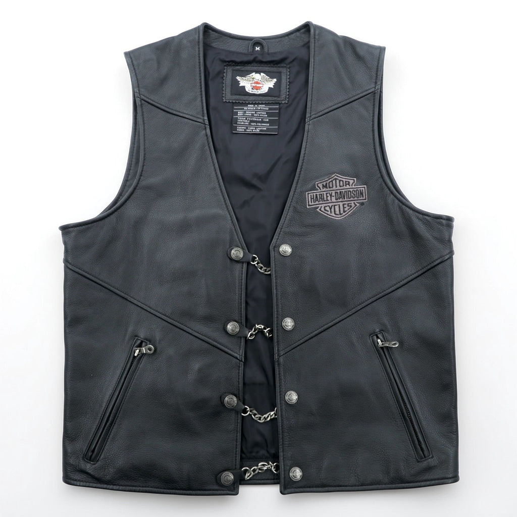 HARLEY DAVIDSON Chain Front Leather Vest M Black Chain Buttons Lace-up Embroidery Biker