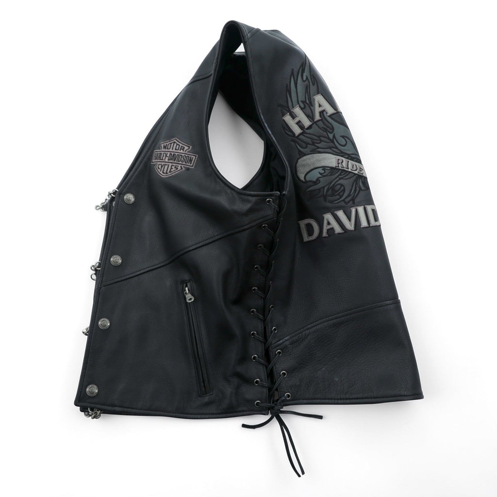 HARLEY DAVIDSON Chain Front Leather Vest M Black Chain Buttons Lace-up Embroidery Biker
