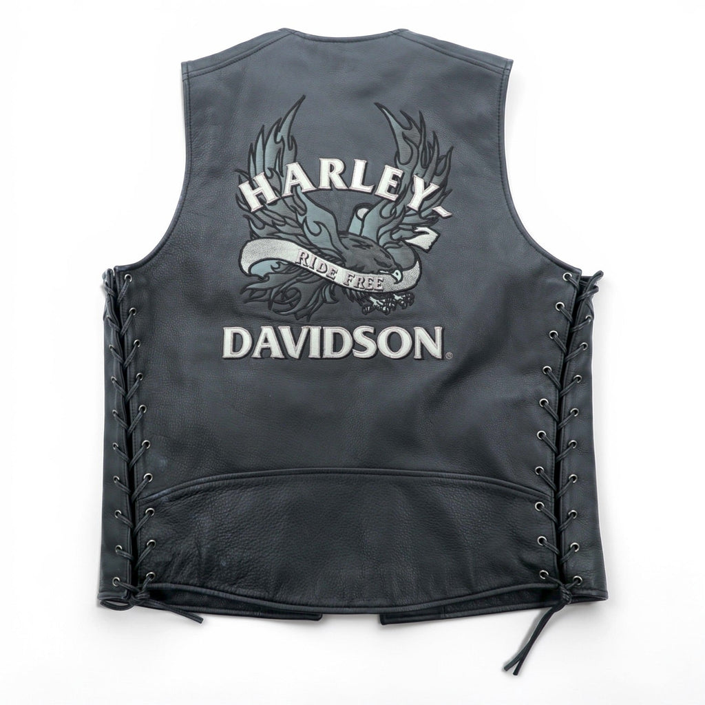 HARLEY DAVIDSON Chain Front Leather Vest M Black Chain Buttons Lace-up Embroidery Biker