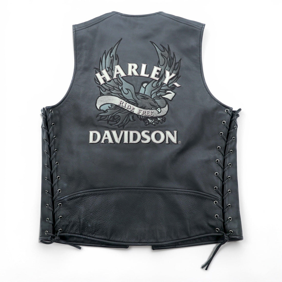 HARLEY DAVIDSON Chain Front Leather Vest M Black Chain Buttons Lace-up Embroidery Biker