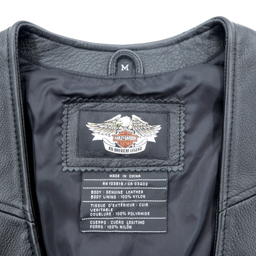 HARLEY DAVIDSON Chain Front Leather Vest M Black Chain Buttons Lace-up Embroidery Biker