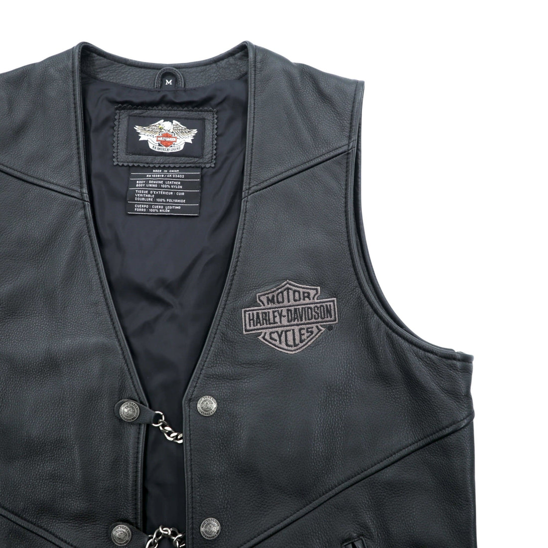 HARLEY DAVIDSON Chain Front Leather Vest M Black Chain Buttons Lace-up Embroidery Biker