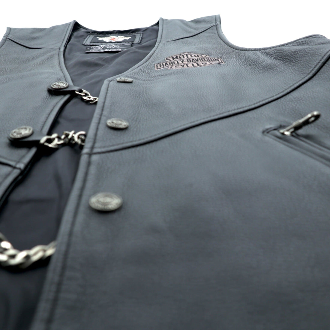 HARLEY DAVIDSON Chain Front Leather Vest M Black Chain Buttons Lace-up Embroidery Biker