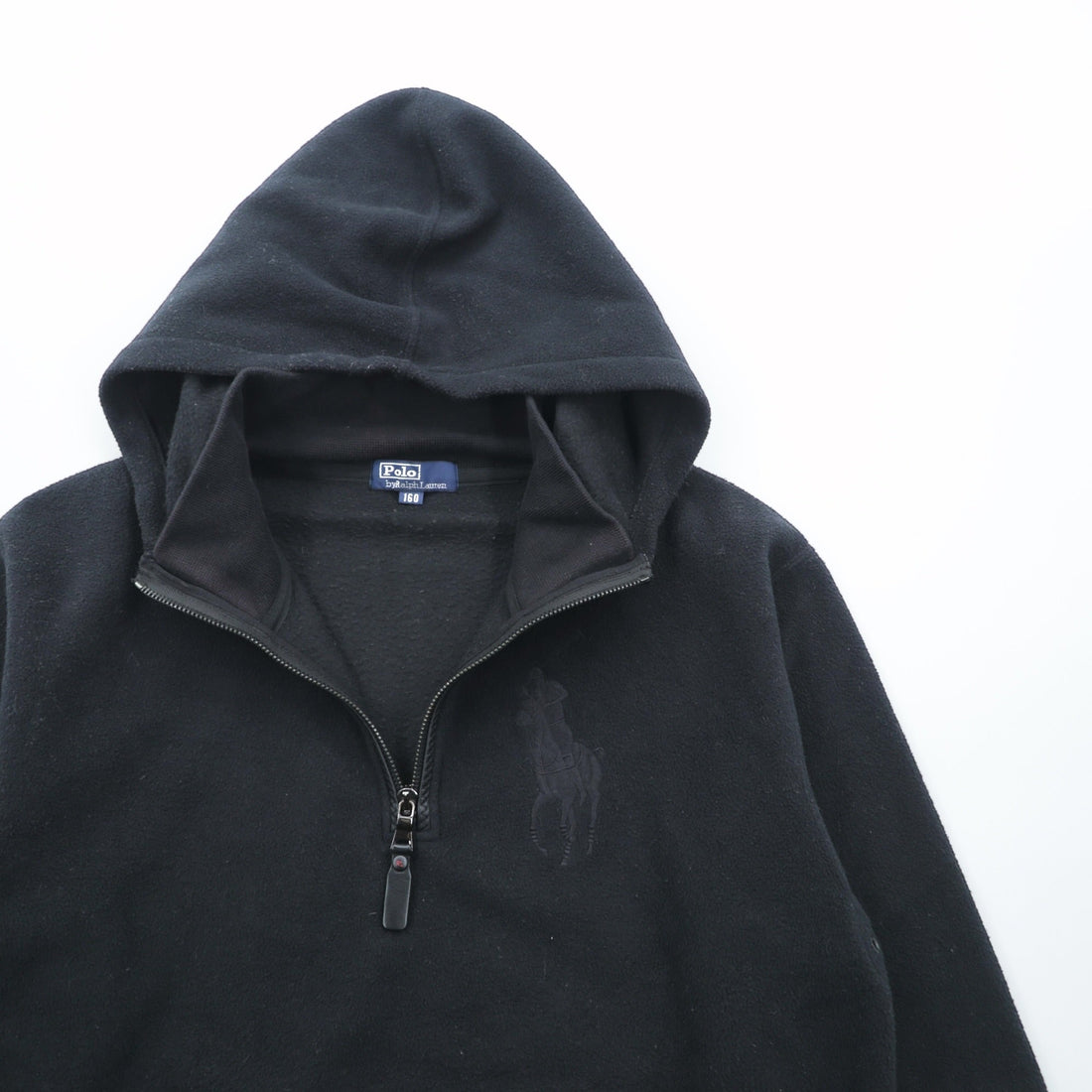 Polo Ralph Lauren 90年代 ビッグポニー刺繍 ハーフジップ フリース パーカー S ブラック 短丈 プルオーバー フロント カンガルーポケット