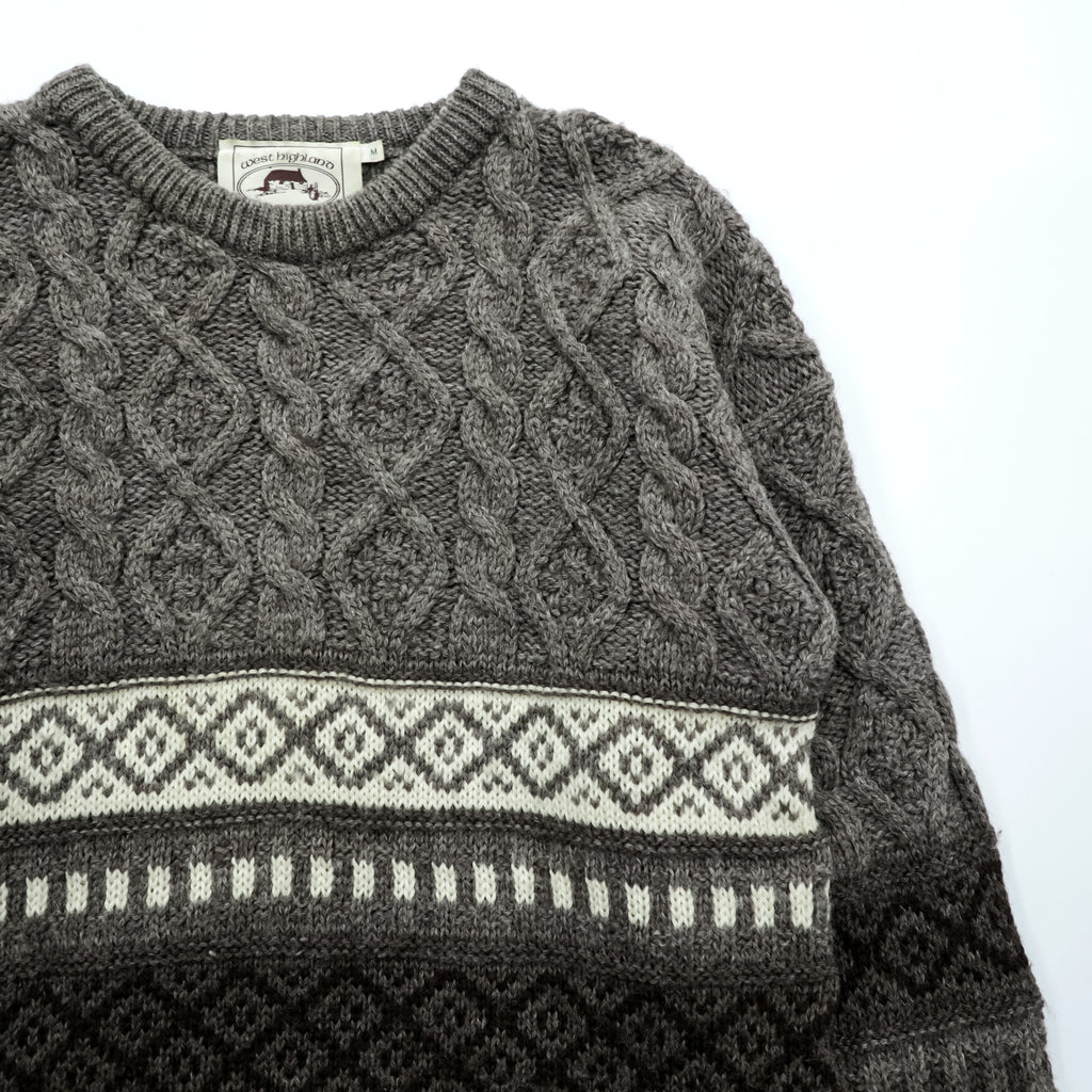 80s Vintage West Highland Woollens Made in Scotland Patterned Cable Knit Sweater Grey Size M Vintage Wool