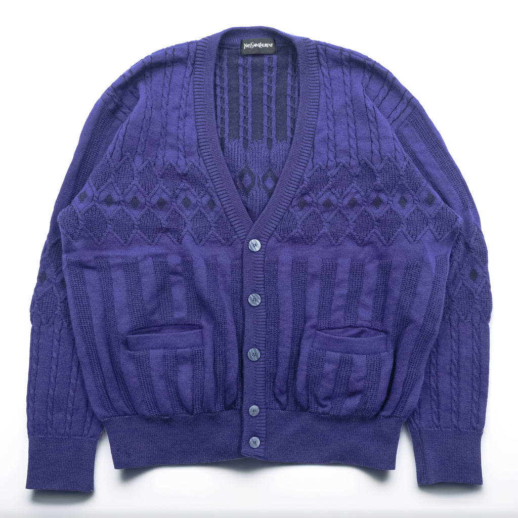 Vintage Yves Saint Laurent YSL Knit Cardigan Diamond Pattern Cable Knit Purple