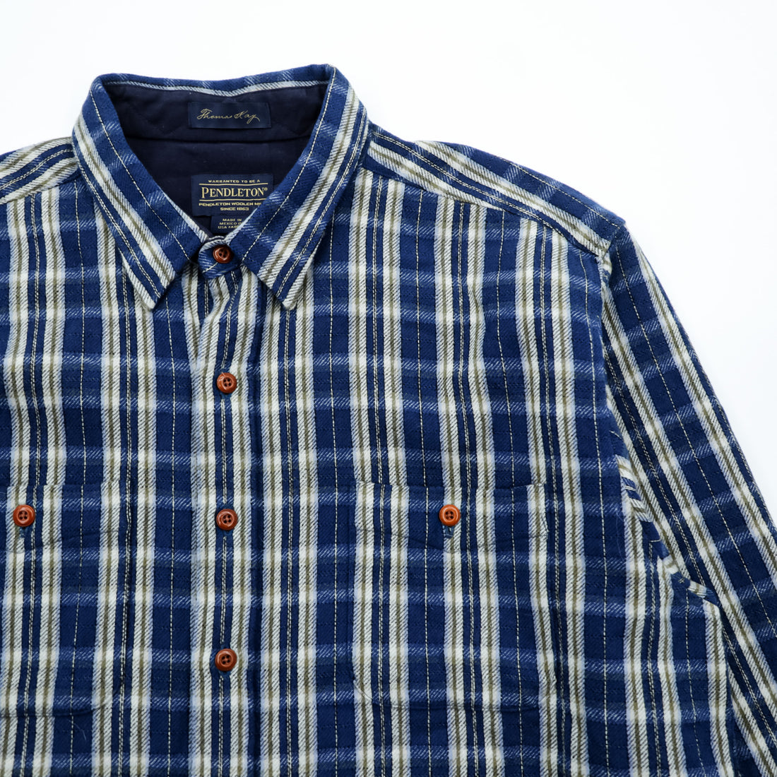 PENDLETON フランネルシャツ XL ブルー チェック Thomas Kay Collection エルボーパッチ 胸ポケット