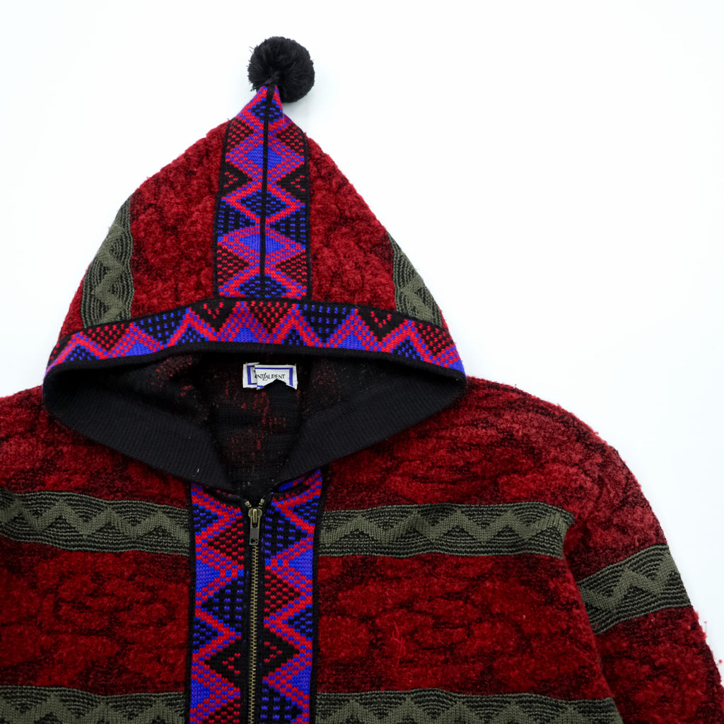 Vintage 90s Yves Saint Laurent Native Tribal Knit Hoodie YSL Geometric Pattern Wool Blend