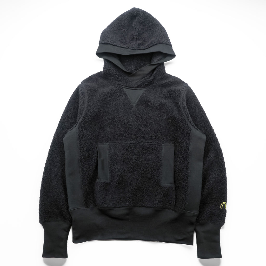 EVISU (YAMANE GUARANTEED) Boa Fleece Hoodie L Black Pullover Front Kangaroo Pocket