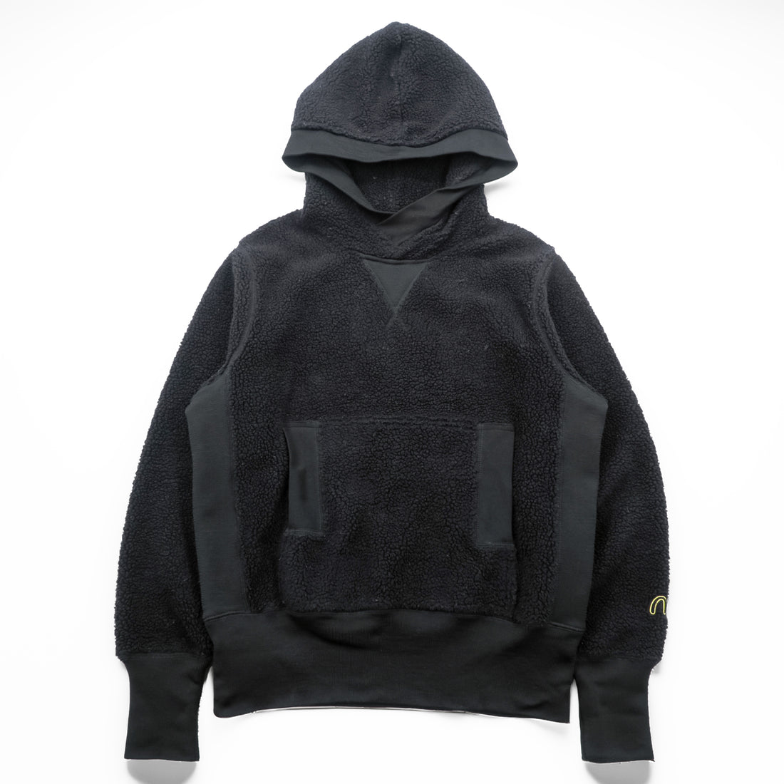 EVISU (YAMANE GUARANTEED) Boa Fleece Hoodie L Black Pullover Front Kangaroo Pocket