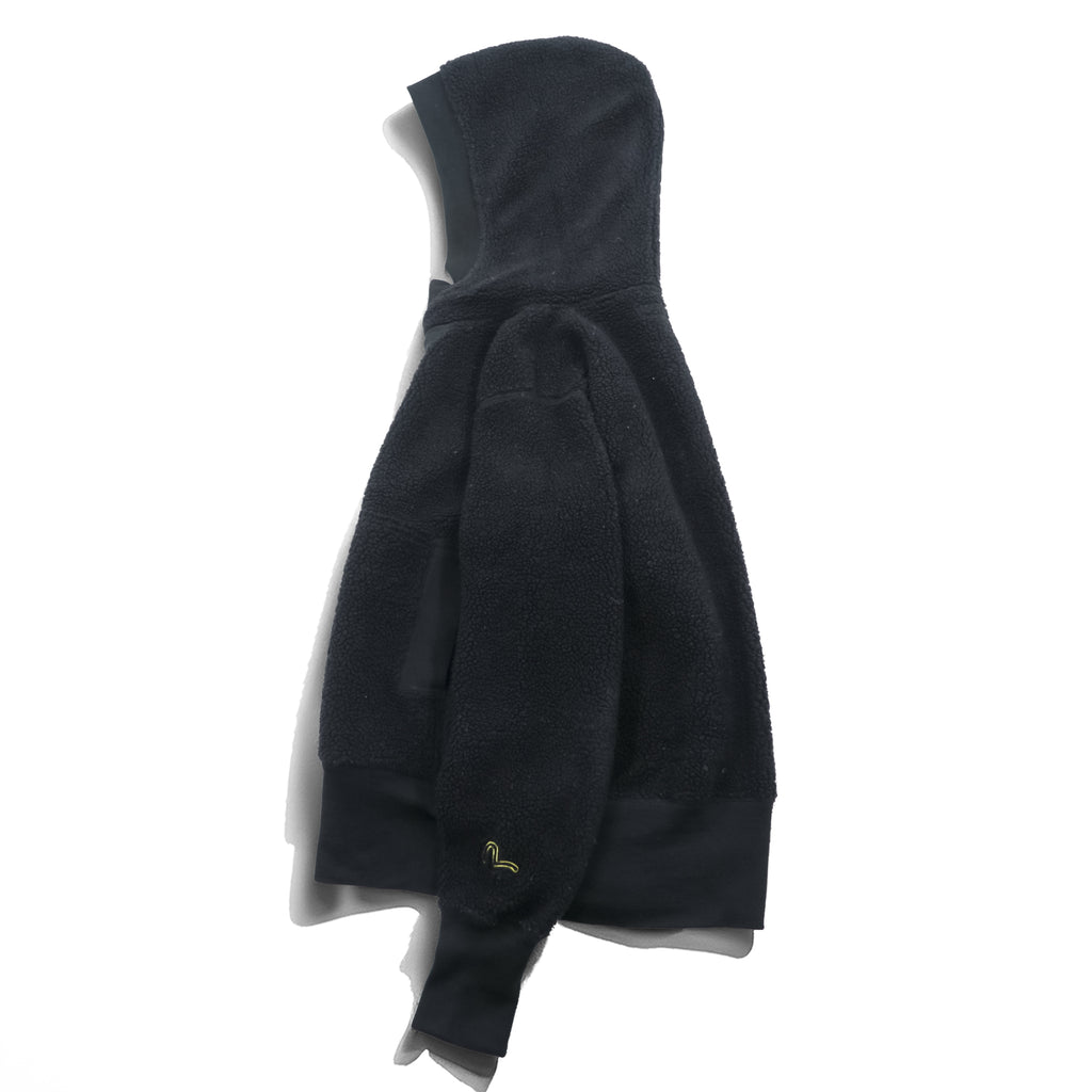 EVISU (YAMANE GUARANTEED) Boa Fleece Hoodie L Black Pullover Front Kangaroo Pocket