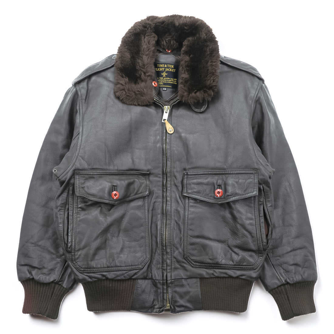 TIME & TIDE 90年代 ヴィンテージ G-1 レザー フライトジャケット L ブラウン 中綿 エポレット チンストラップ 襟ボア着脱式