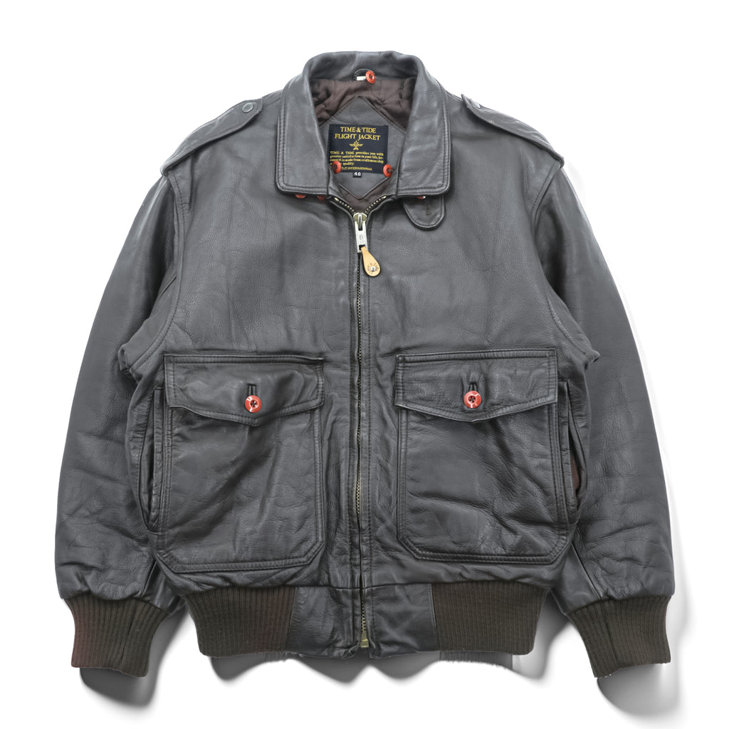 Vintage 90s TIME & TIDE Leather Flight Jacket G-1 Style Dark Brown Size 40 Bomber Fur Collar