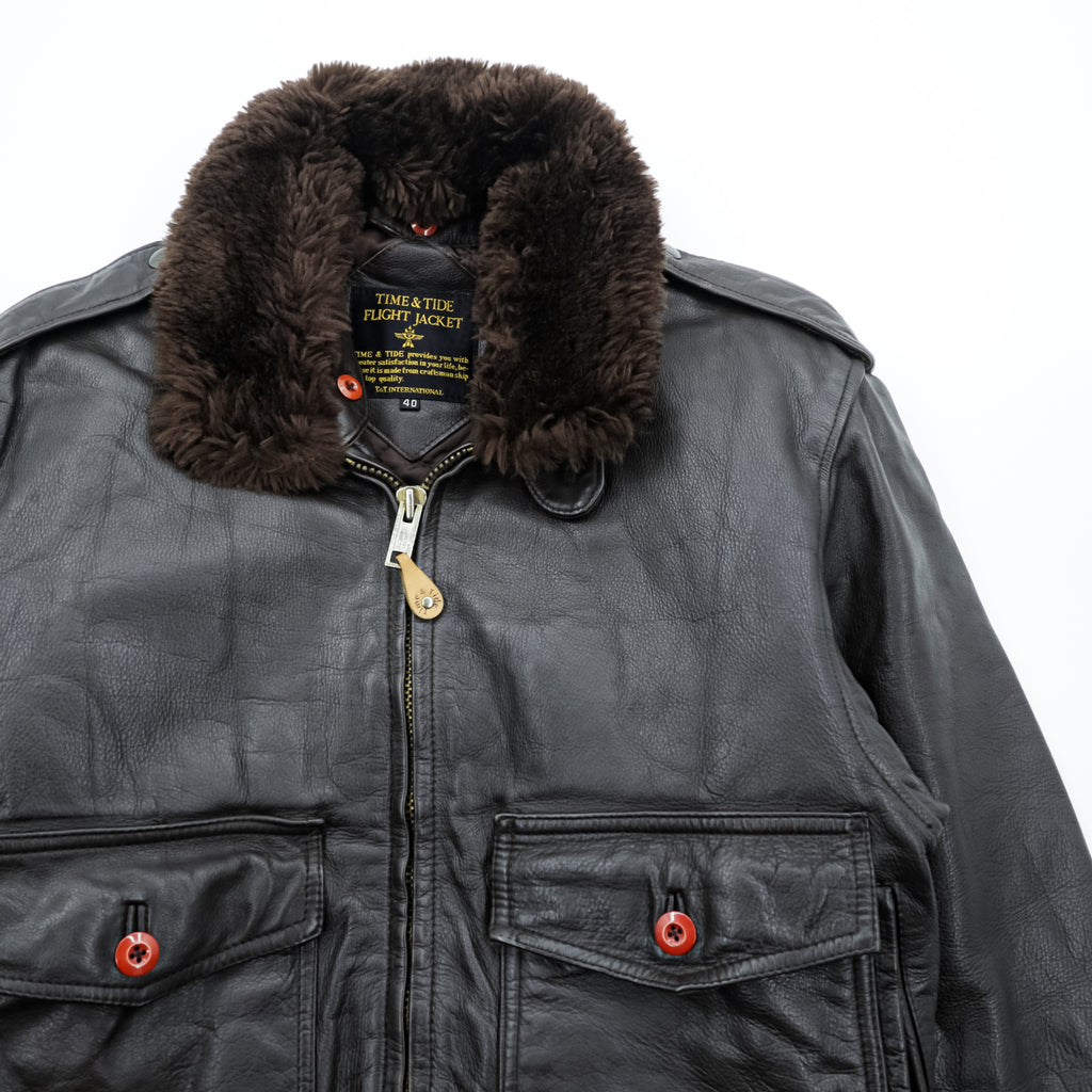 Vintage 90s TIME & TIDE Leather Flight Jacket G-1 Style Dark Brown Size 40 Bomber Fur Collar