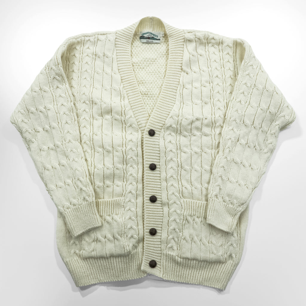 Vintage Aran Crafts Ireland Wool Cable Knit Fisherman Cardigan L Ivory Made in Ireland