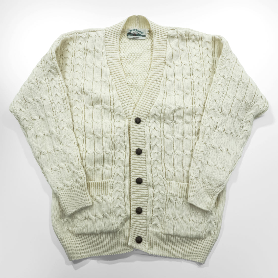 Vintage Aran Crafts Ireland Wool Cable Knit Fisherman Cardigan L Ivory Made in Ireland