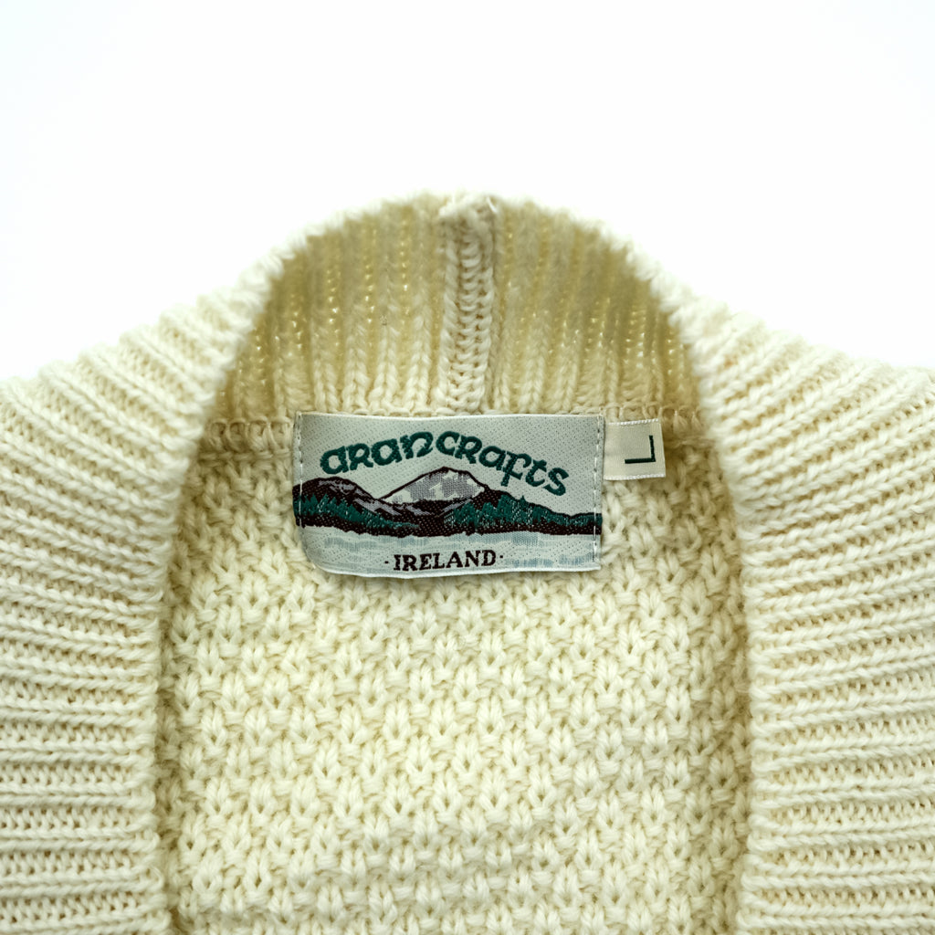 Vintage Aran Crafts Ireland Wool Cable Knit Fisherman Cardigan L Ivory Made in Ireland