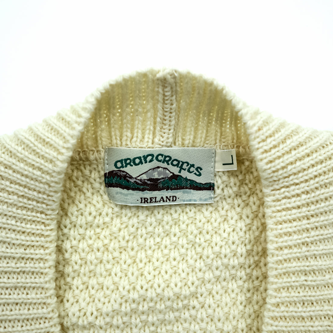 Vintage Aran Crafts Ireland Wool Cable Knit Fisherman Cardigan L Ivory Made in Ireland