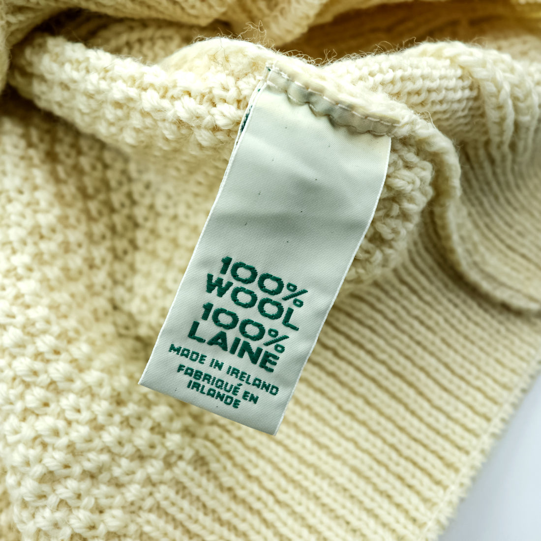 Vintage Aran Crafts Ireland Wool Cable Knit Fisherman Cardigan L Ivory Made in Ireland