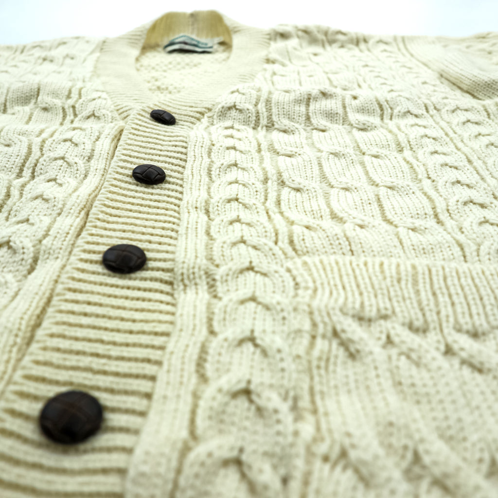 Vintage Aran Crafts Ireland Wool Cable Knit Fisherman Cardigan L Ivory Made in Ireland