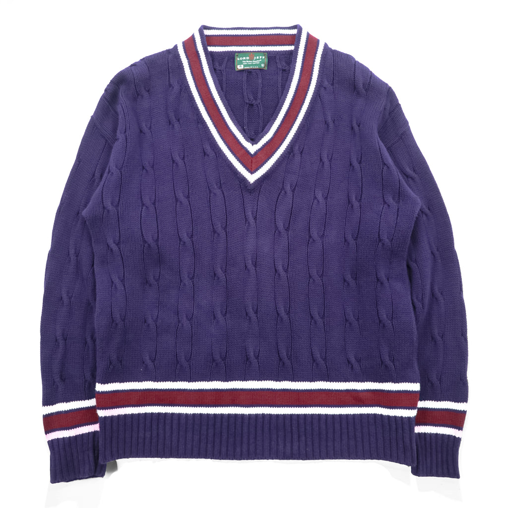 Vintage Lord Jeff Tilden Sweater V-Neck XL Purple Cotton Made in USA Cable Knit