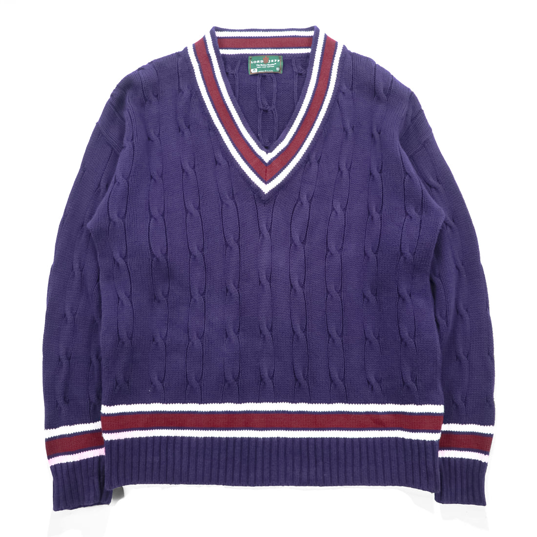 Lord Jeff 90年代 USA製 ヴィンテージ Vネック チルデン ニット セーター XL ネイビー ケーブル編み