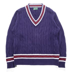 Vintage Lord Jeff Tilden Sweater V-Neck XL Purple Cotton Made in USA Cable Knit