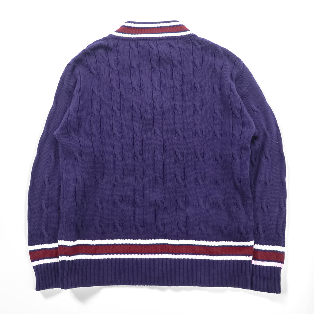 Vintage Lord Jeff Tilden Sweater V-Neck XL Purple Cotton Made in USA Cable Knit