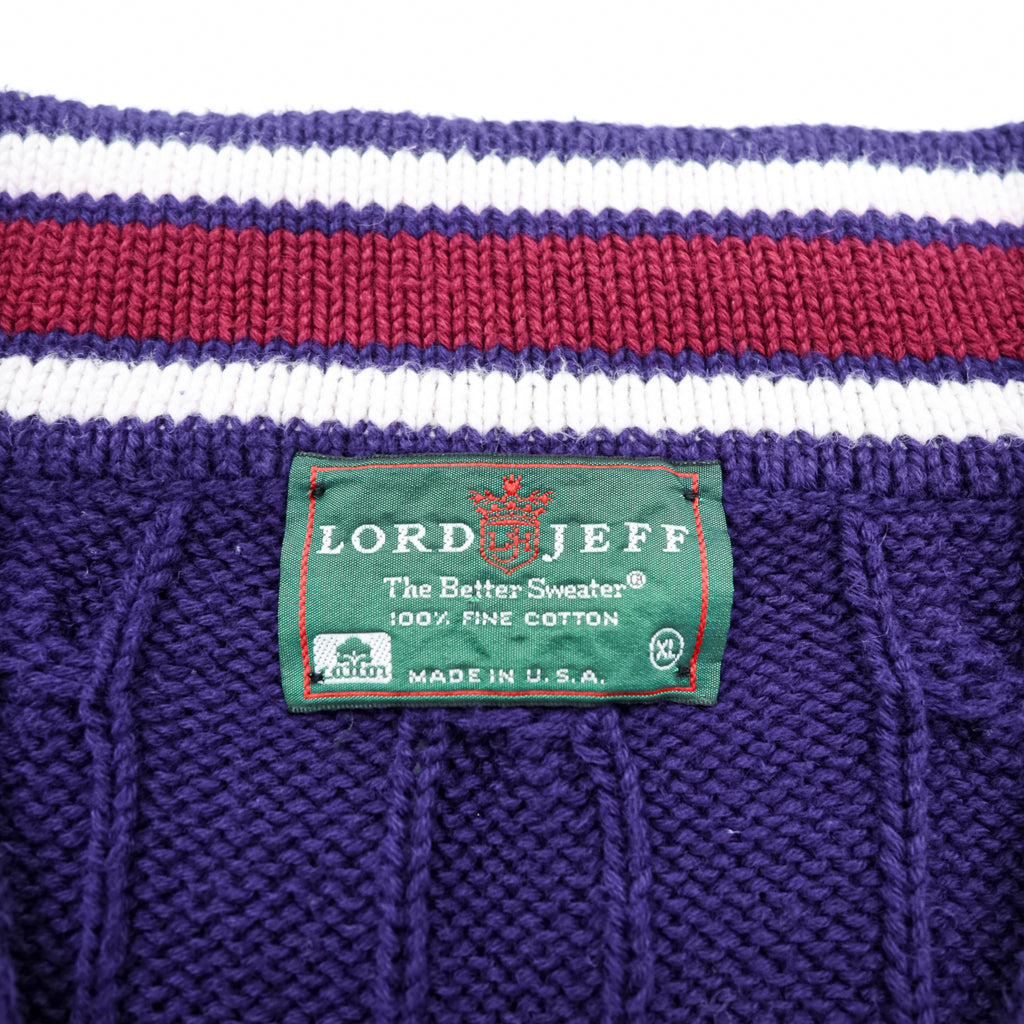 Vintage Lord Jeff Tilden Sweater V-Neck XL Purple Cotton Made in USA Cable Knit