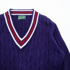 Vintage Lord Jeff Tilden Sweater V-Neck XL Purple Cotton Made in USA Cable Knit