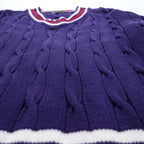 Vintage Lord Jeff Tilden Sweater V-Neck XL Purple Cotton Made in USA Cable Knit