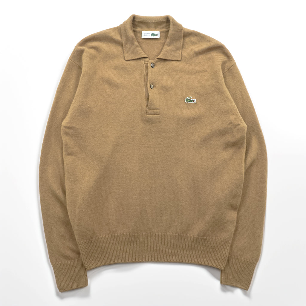 Vintage 80s Chemise Lacoste Knit Polo Sweater Camel Beige Wool French Lacoste
