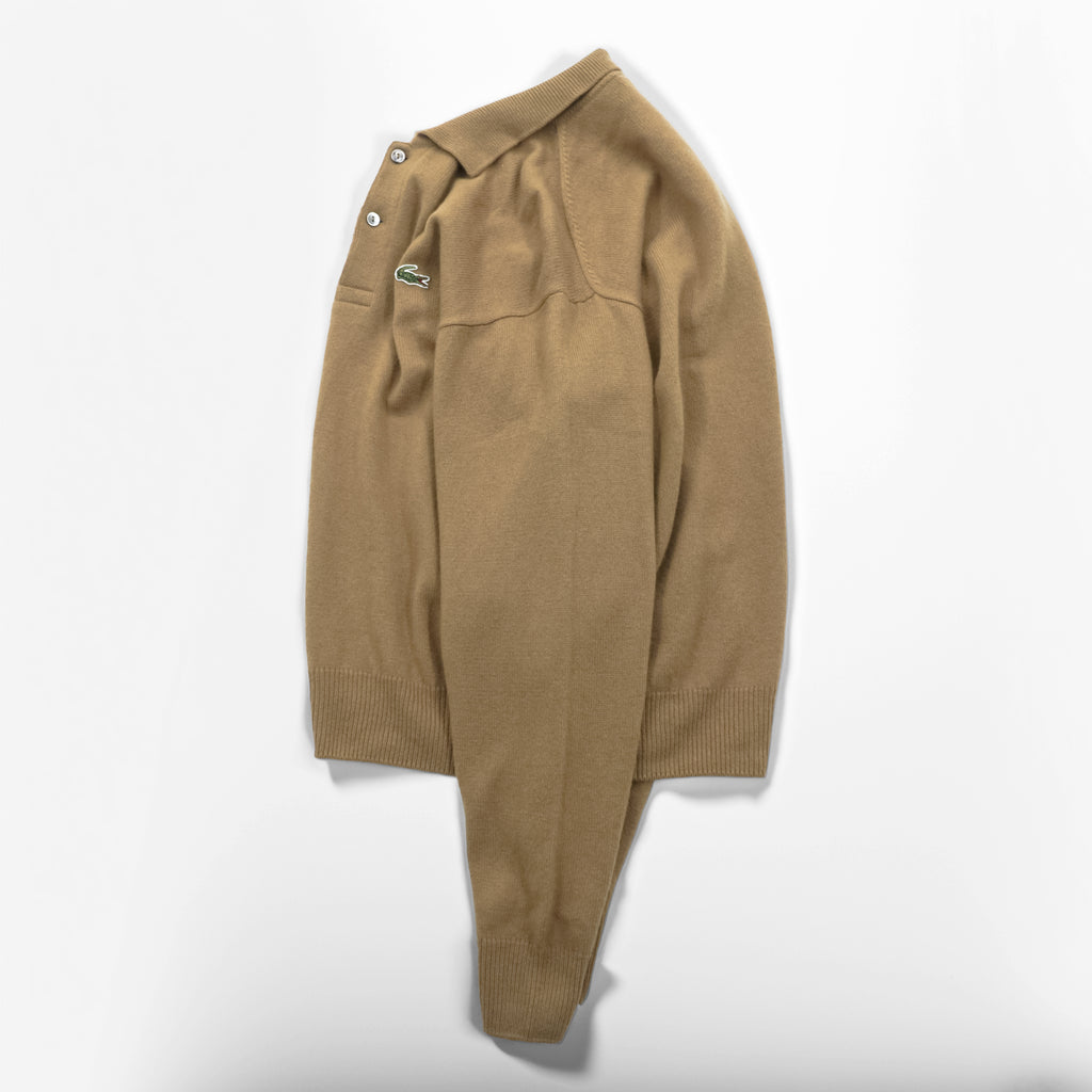 Vintage 80s Chemise Lacoste Knit Polo Sweater Camel Beige Wool French Lacoste