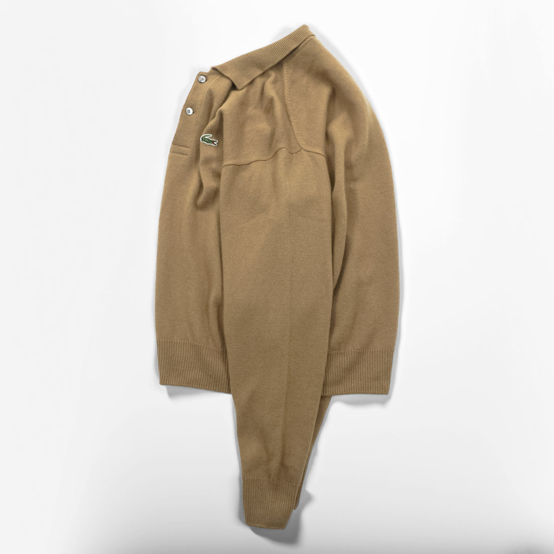 Vintage 80s Chemise Lacoste Knit Polo Sweater Camel Beige Wool French Lacoste