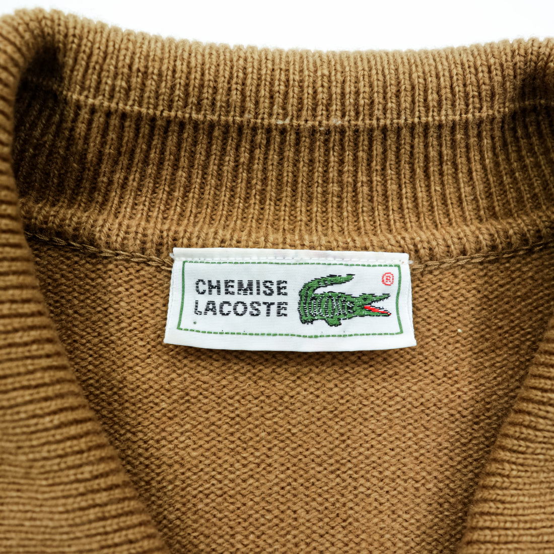 Vintage 80s Chemise Lacoste Knit Polo Sweater Camel Beige Wool French Lacoste