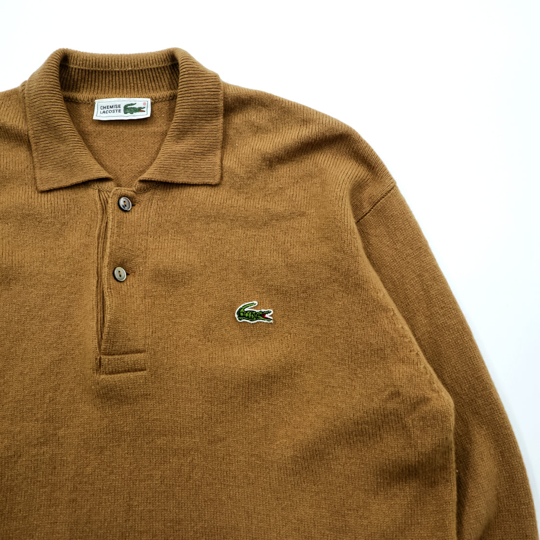 Vintage 80s Chemise Lacoste Knit Polo Sweater Camel Beige Wool French Lacoste