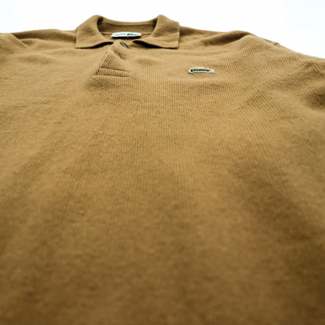 Vintage 80s Chemise Lacoste Knit Polo Sweater Camel Beige Wool French Lacoste