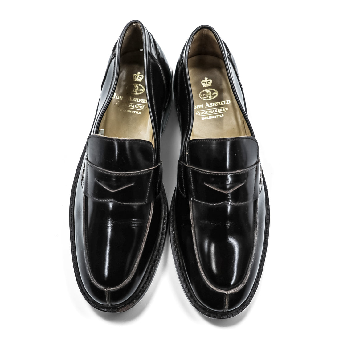 JOHN ASHFIELD Penny Loafers Black Leather Men's Size 9 Goodyear Welted Made in Italy English Style Classics