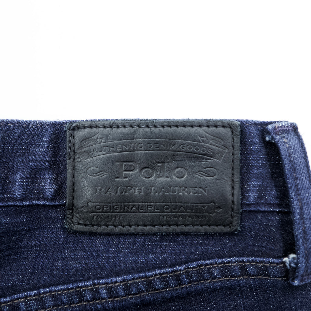 Polo Ralph Lauren THE HAMPTON RELAXED Denim Pants, Size Small, Stretch, Dark Navy with Leather Patch